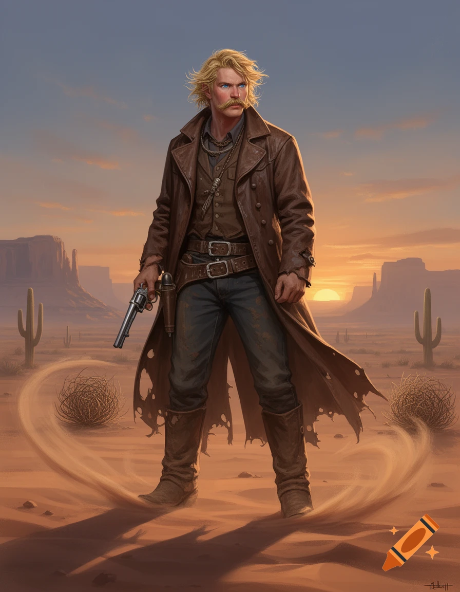 A blonde, mustached cowboy outlaw in a brown duster coat holds a revolver in a desert at sunset, concept art style.