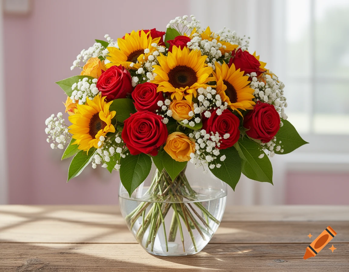 A vibrant bouquet of yellow sunflowers, red roses, and white baby's breath arranged in a clear glass vase on a rustic wooden table.