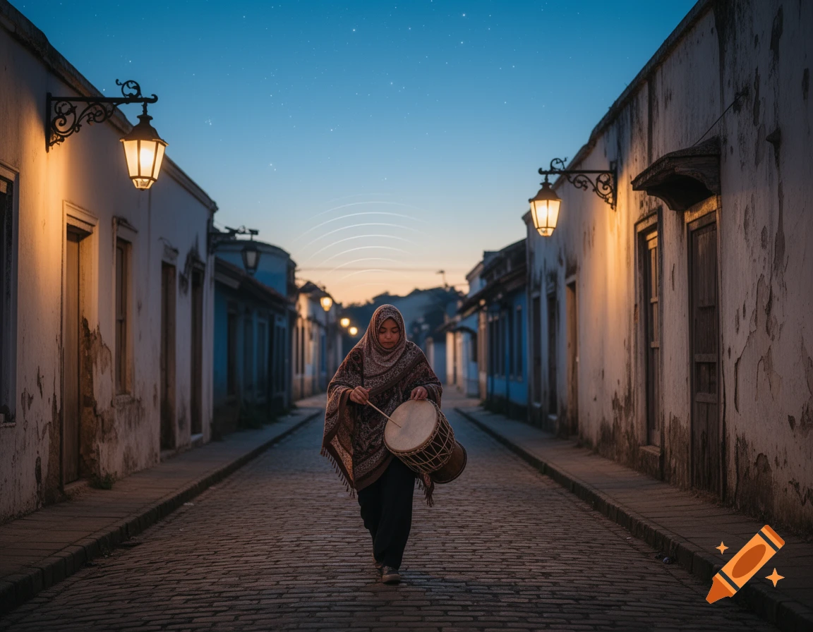A person in a patterned shawl and hijab walks down a cobblestone street at dusk, playing a drum. Streetlights illuminate old buildings.