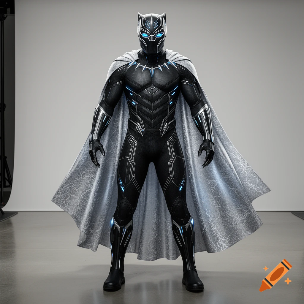A superhero in a black suit with blue accents, a cat-like mask, and a flowing white cape, standing in a studio.
