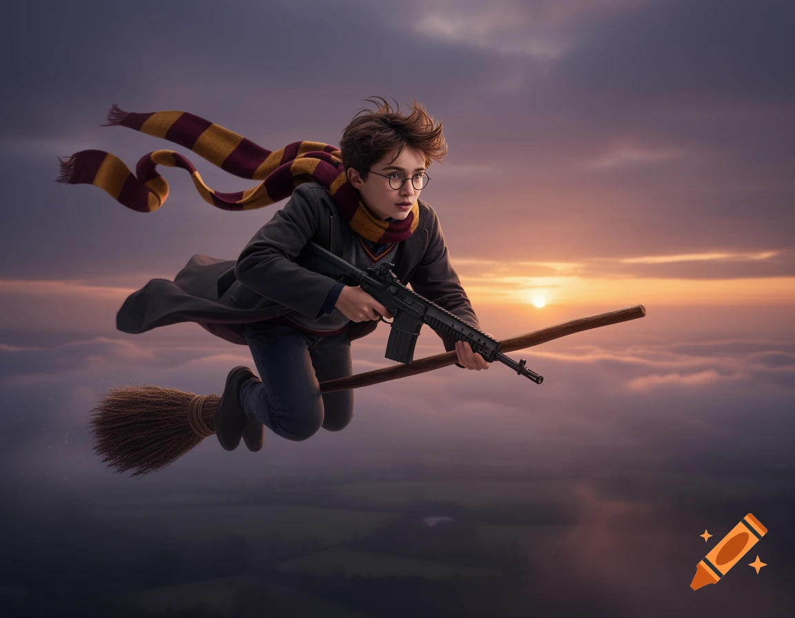 Young Harry Potter flies on a broomstick, holding a rifle, against a dramatic sunset sky.