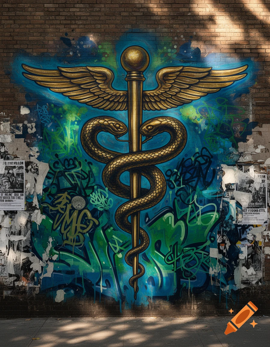 Golden winged staff with two snakes graffiti on a brick wall, surrounded by blue and green street art and torn posters.