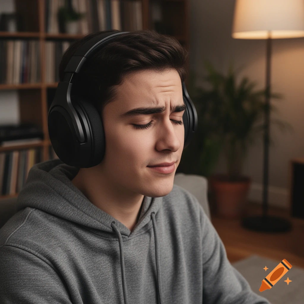 A young man with dark hair wears black over-ear headphones, eyes closed, with a pensive expression, indoors with a blurred bookshelf.