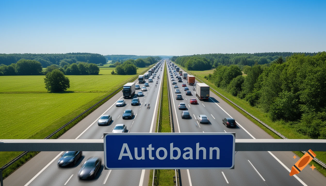A busy German Autobahn highway with cars, trucks, green fields, and forests under a clear blue sky. A large blue sign reads "Autobahn".