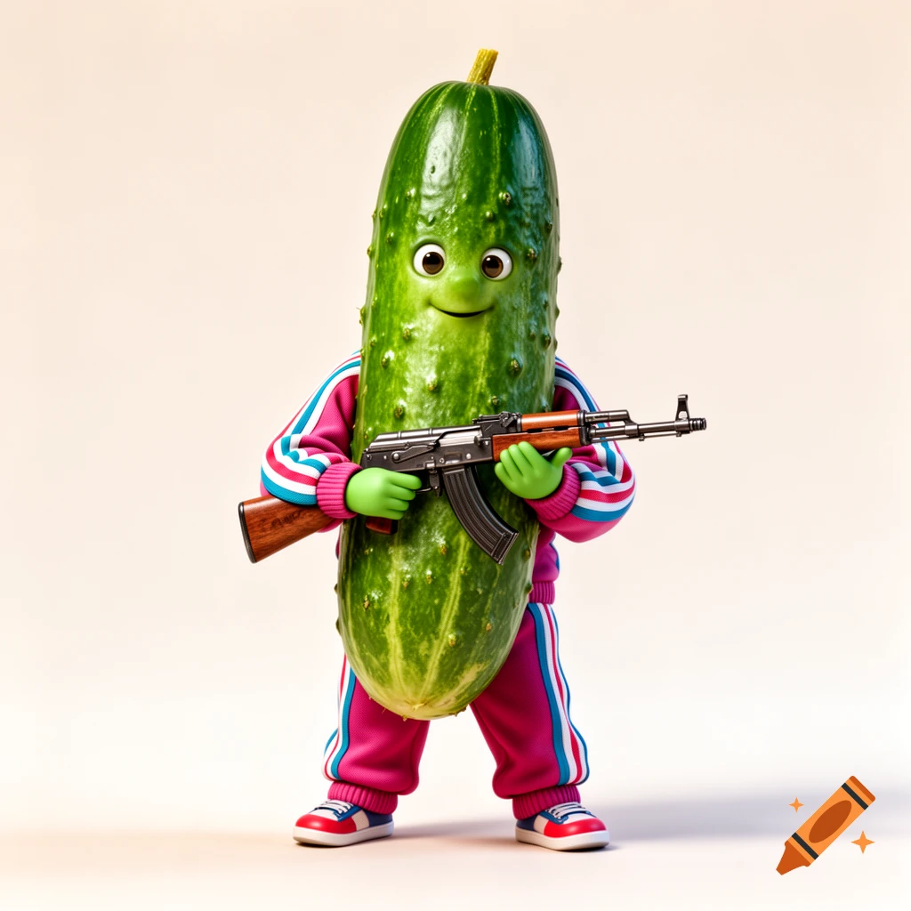 A smiling cartoon cucumber character wearing a pink and blue tracksuit holds an AK-47 rifle.