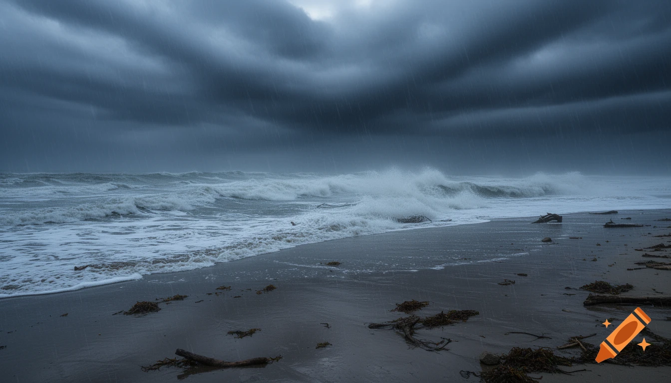 A dark, stormy beach scene with rough waves crashing onto the shore under heavy rain and brooding clouds.
