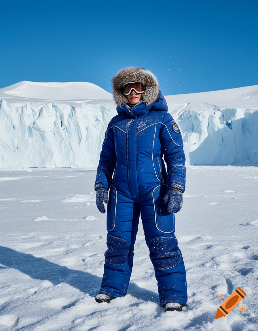 A child in a blue fur-hooded snowsuit and goggles stands on a snowy plain with ice cliffs and mountains under a clear blue sky.