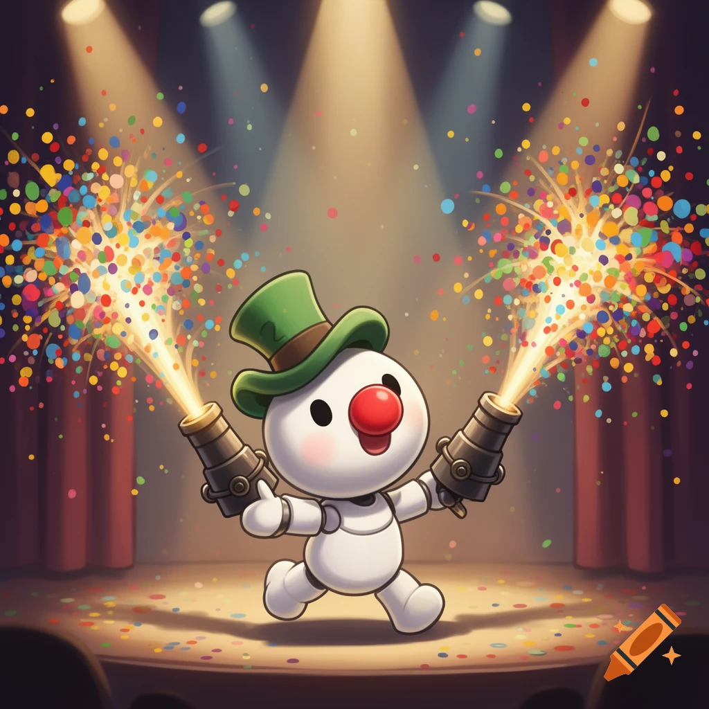 A cute, white, cartoony puppet with a red nose and green top hat launches colorful confetti from two cannons on a brightly lit stage.