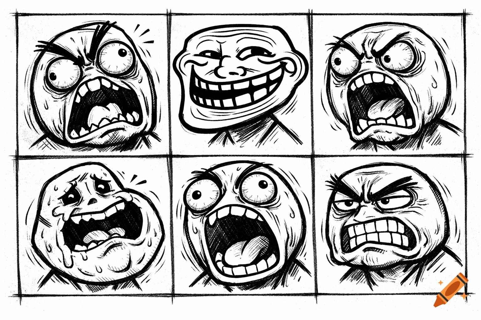 A 3x2 grid of black and white rage comic faces, depicting various emotions like anger, sadness, and the grinning Trollface.