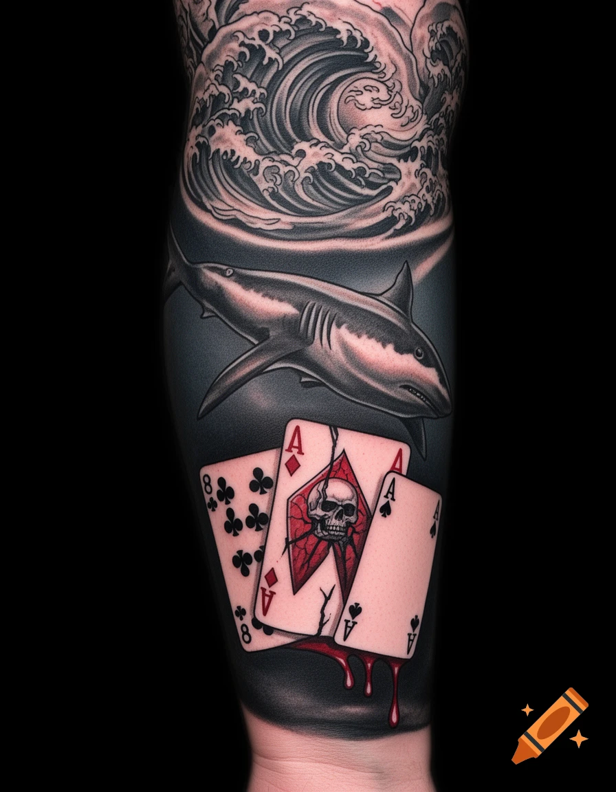 Realistic tattoo on an arm featuring a shark swimming above a 'dead man's hand' of playing cards with a skull and blood, under crashing waves.