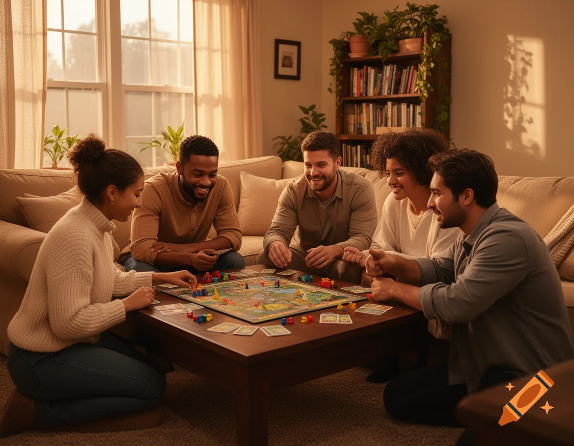 Five smiling diverse adults play a colorful board game on a coffee table in a warm, sunlit living room with a bookshelf and plants.