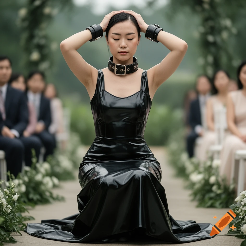 A woman in a black latex wedding gown, thick collar, and cuffs squats in an outdoor wedding ceremony aisle with hands on her head.