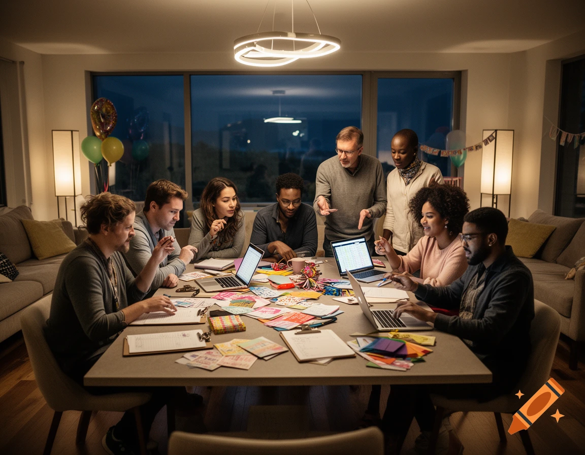 A diverse group of eight people gathered around a table with laptops and colorful supplies, discussing plans in a modern room at night.