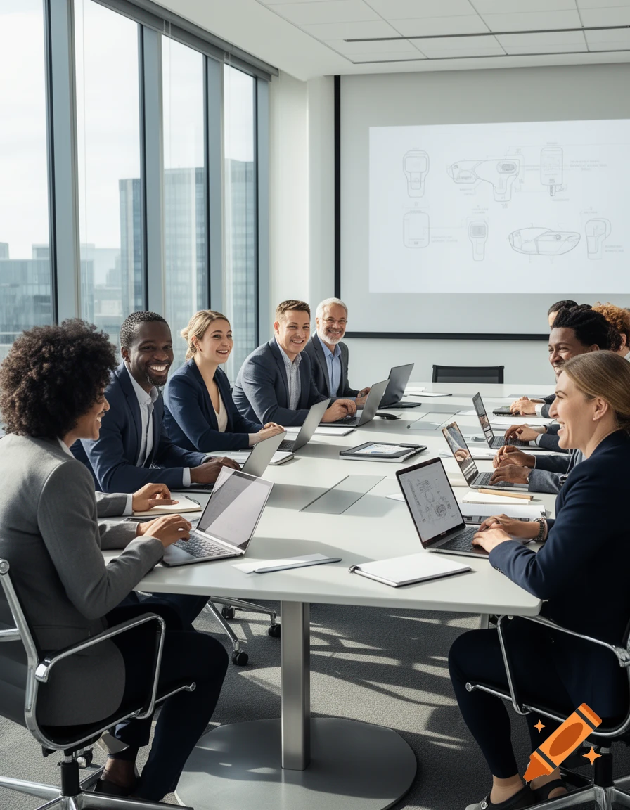 A diverse group of smiling professionals works on laptops at a modern conference room table with a projected diagram.