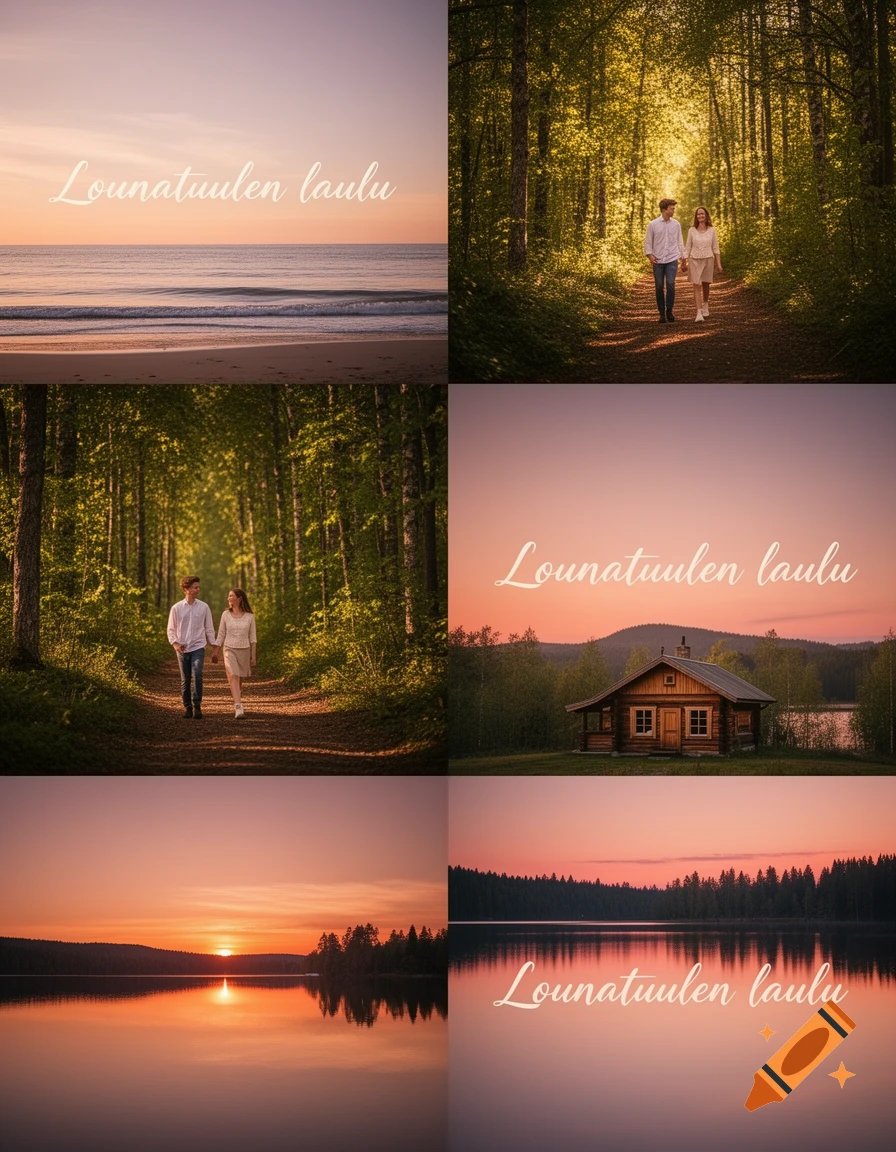Collage of serene landscapes with text 'Lounatuulen laulu'. Scenes include a beach, a couple in a sunlit forest, a lakeside cabin, and sunsets.