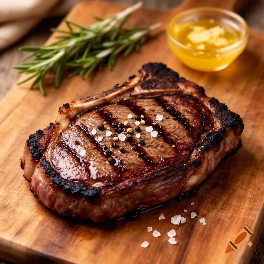 A perfectly grilled ribeye steak seasoned with salt and pepper on a wooden cutting board with rosemary and melted butter.