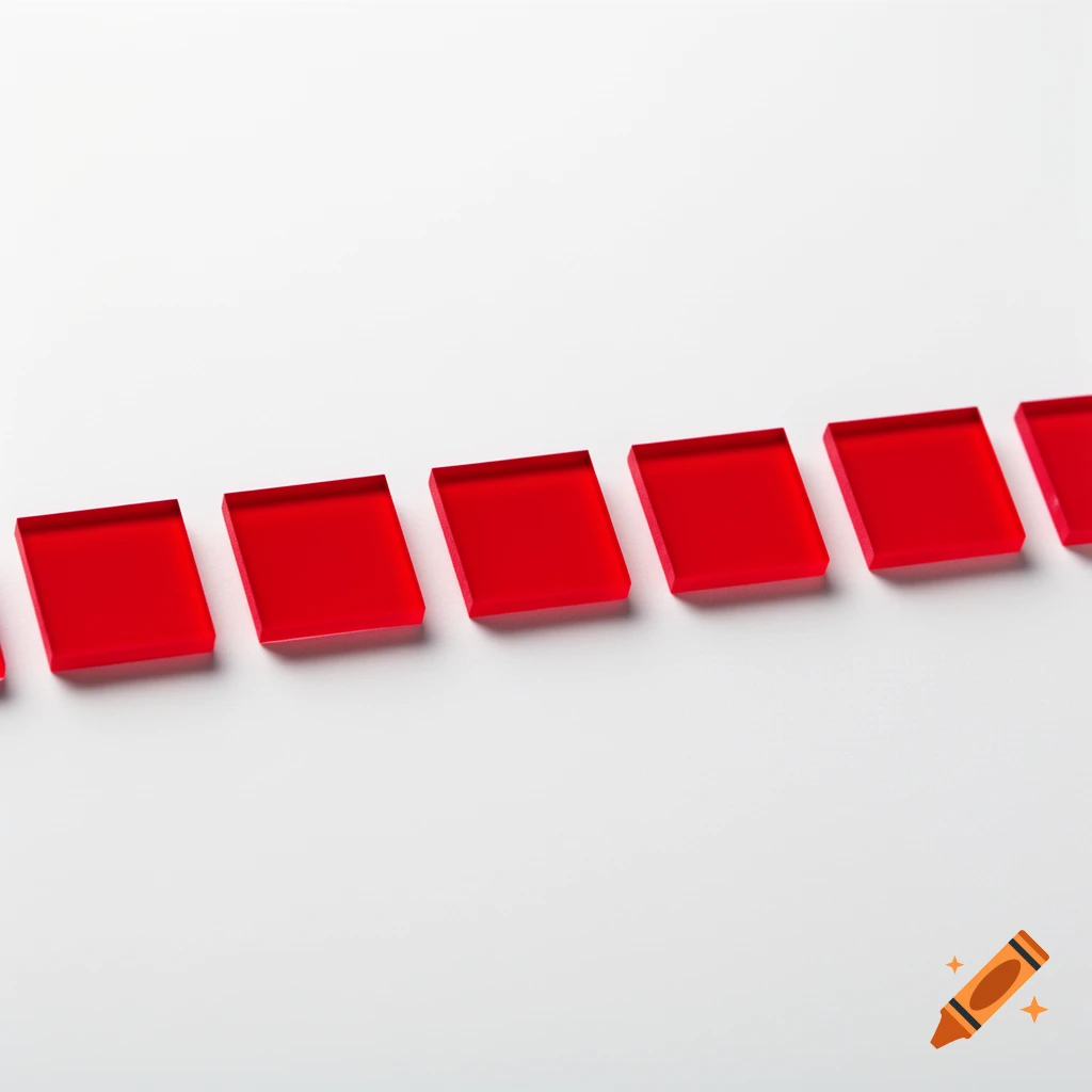 Multiple red, translucent square-shaped blocks arranged in a diagonal line on a white background.