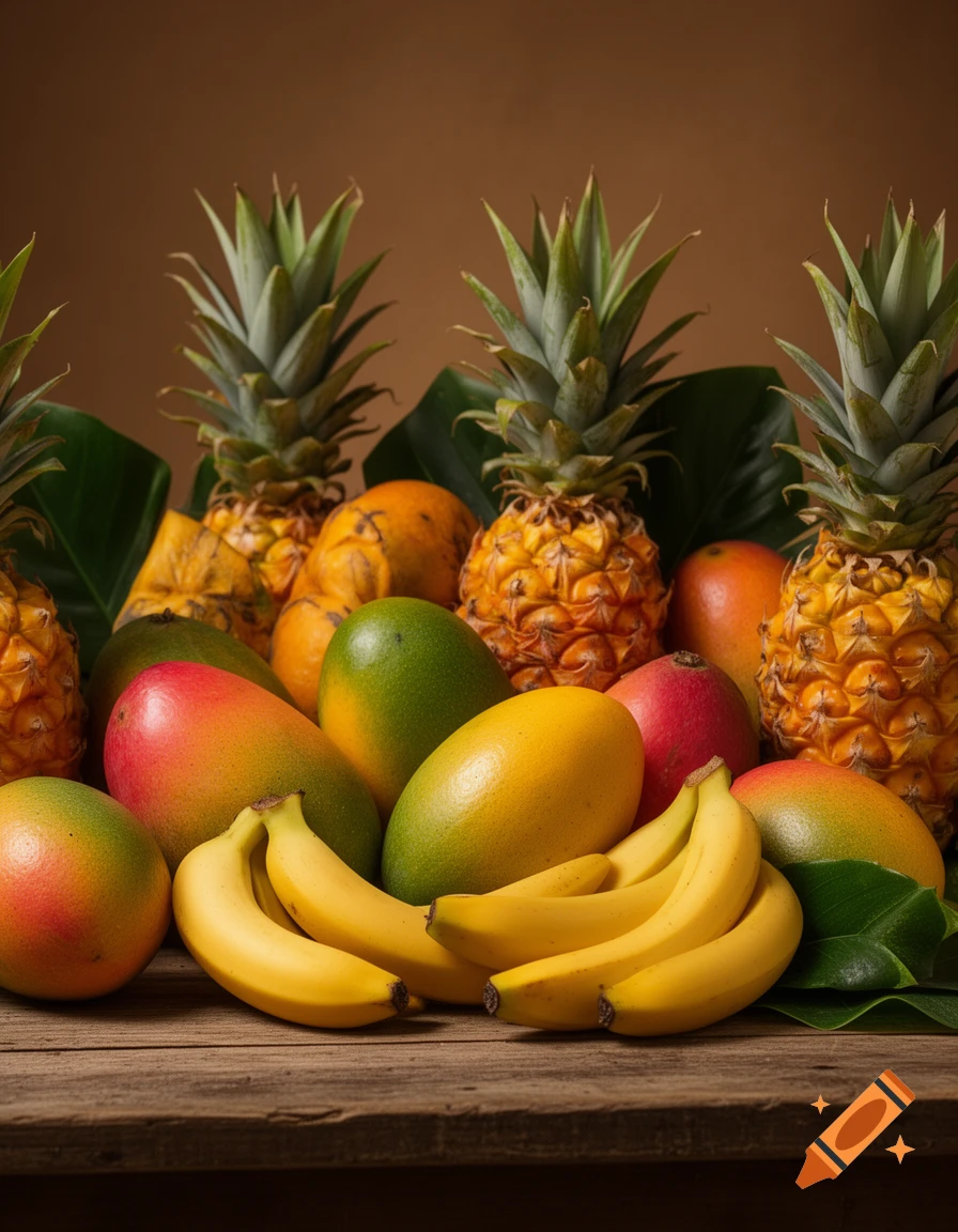 A vibrant assortment of tropical fruits, including pineapples, mangoes, and bananas, on a rustic wooden surface.