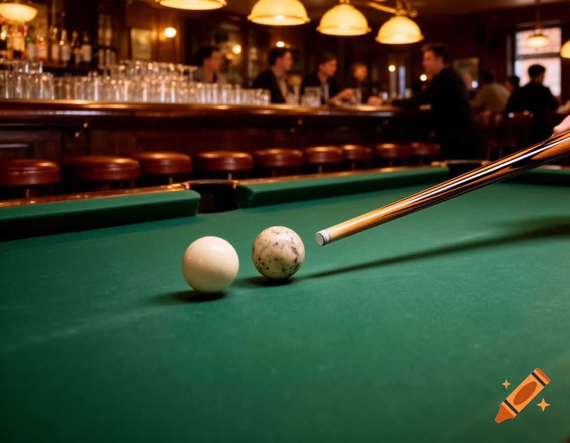 A close-up shot of a cue stick poised to hit two pool balls on a green billiards table in a dimly lit bar, with blurred patrons in the background.