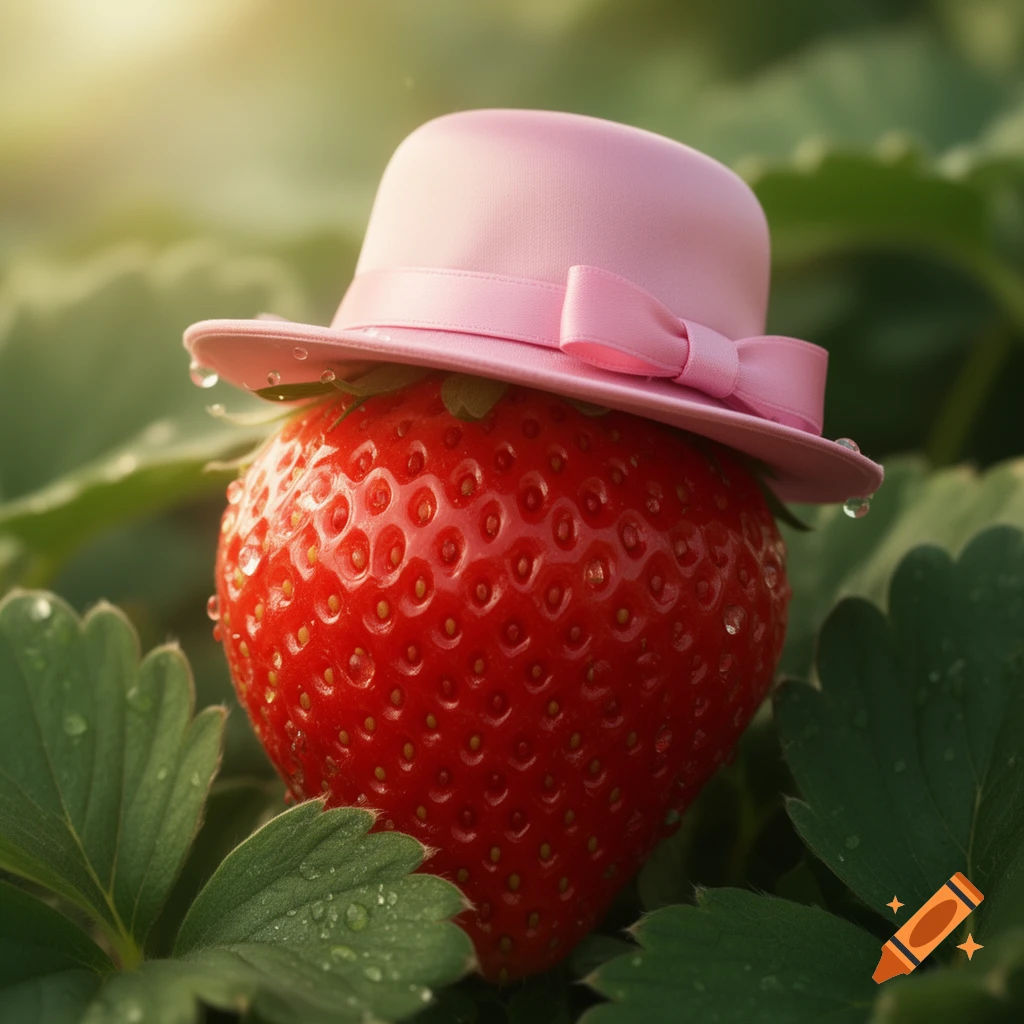 A large, dew-kissed strawberry wearing a pink hat sits among green leaves in a sunlit field, photorealistic.