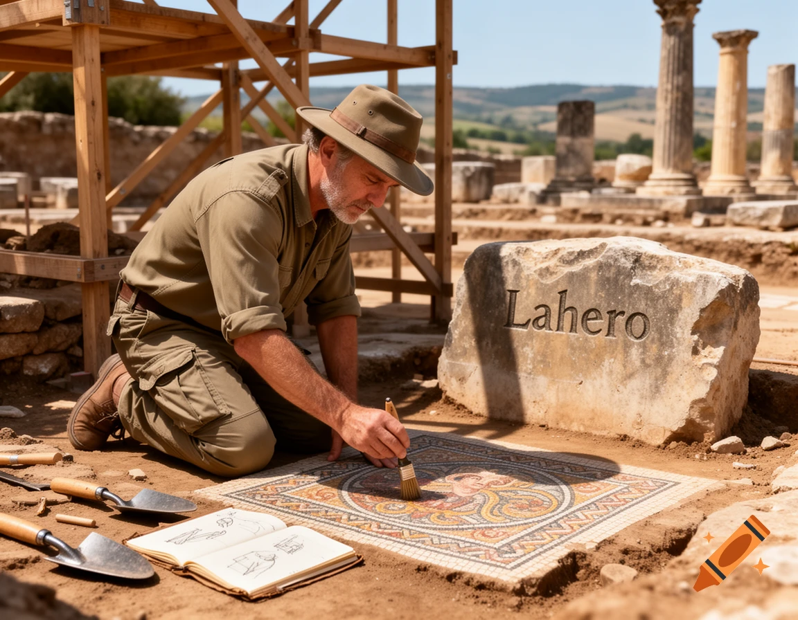 Photorealistic image of an archaeologist cleaning an ancient mosaic at a sunny excavation site, with a stone carved "Lahero" and Roman columns in the background.
