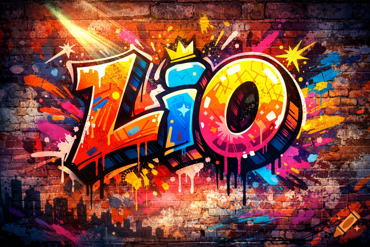 Vibrant graffiti art spelling 'LIO' on a brick wall, with a cityscape silhouette at the bottom and a light ray.