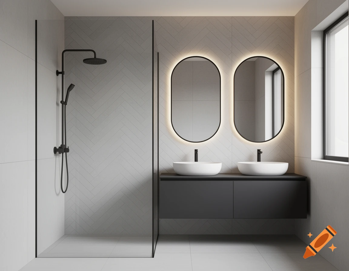 A modern minimalist bathroom with a walk-in shower, black fixtures, dual oval vessel sinks on a floating vanity, and two backlit oval mirrors.