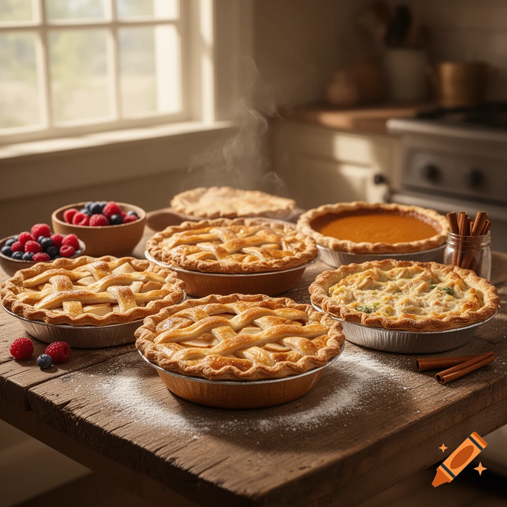 A rustic wooden table holds several freshly baked pies, including lattice-top fruit pies, a pumpkin pie, and a savory pie, with berries.