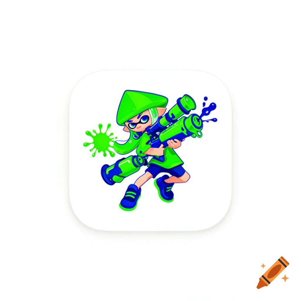 A vibrant cartoon Splatoon Inkling character in green and blue, holding an ink gun with green and blue paint splatters.