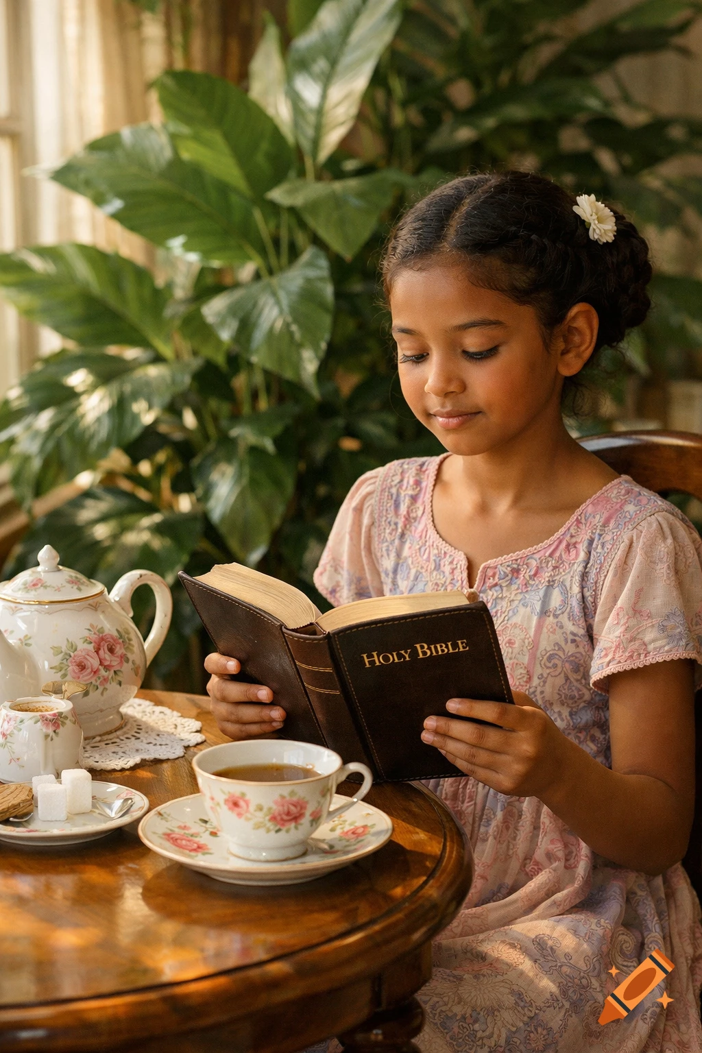 A young brown girl in a pink dress reads a "Holy Bible" at a wooden tea table with a teacup and teapot.