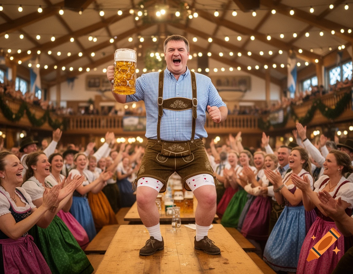 A man in lederhosen stands on a table at Oktoberfest, holding a beer stein and singing to a cheering crowd. He wears white boxers with red hearts.