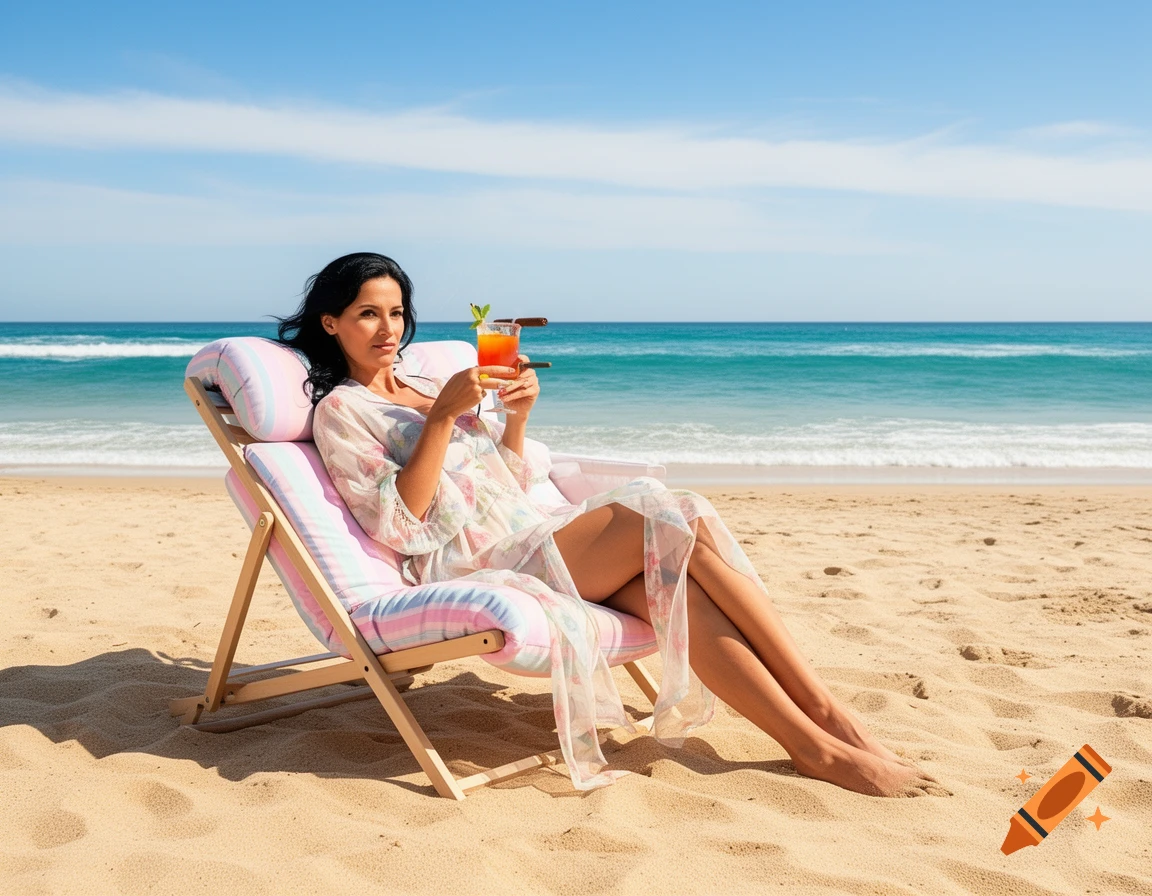 A woman with dark hair sits on a striped beach chair, holding a cocktail and cigar, on a sunny sandy beach by the ocean.