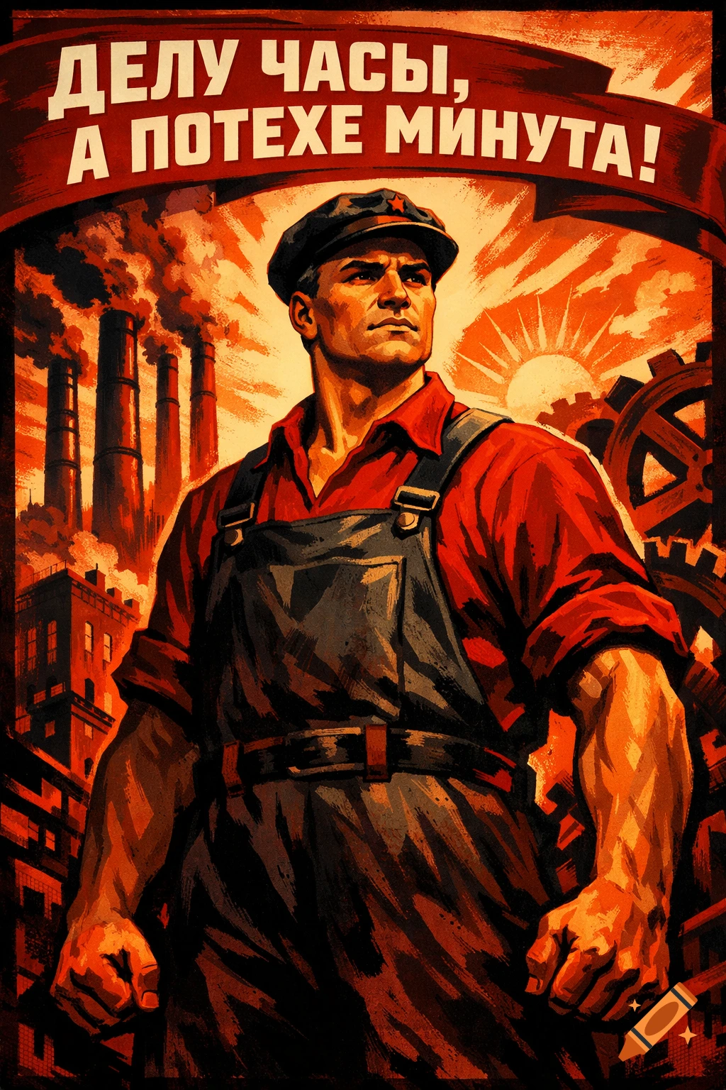 Soviet-style propaganda poster of a determined worker in overalls and cap, standing before smoking factories and a rising sun. Text reads: "Time for business, a minute for fun!"