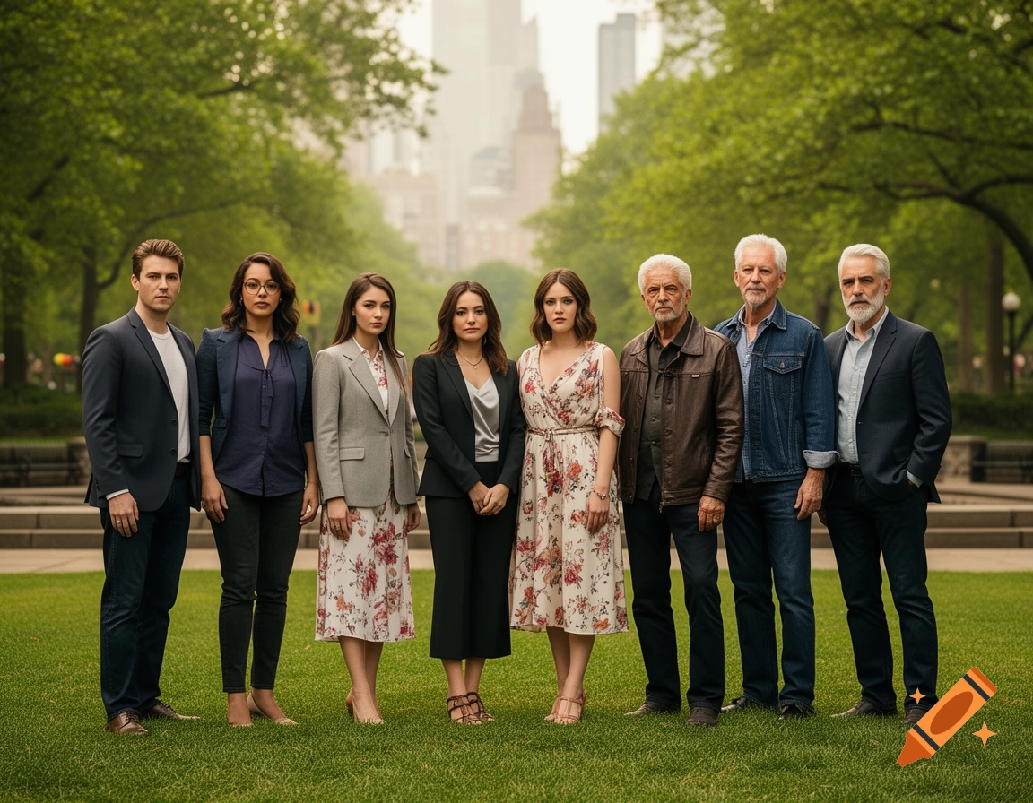 A diverse group of four women and five men stand side-by-side on a grassy lawn in a city park.