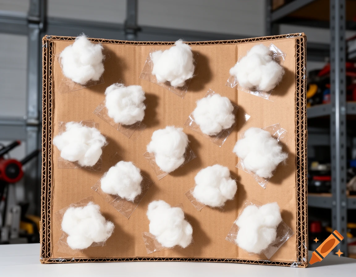 Twelve white cotton balls individually taped to a large piece of corrugated brown cardboard.