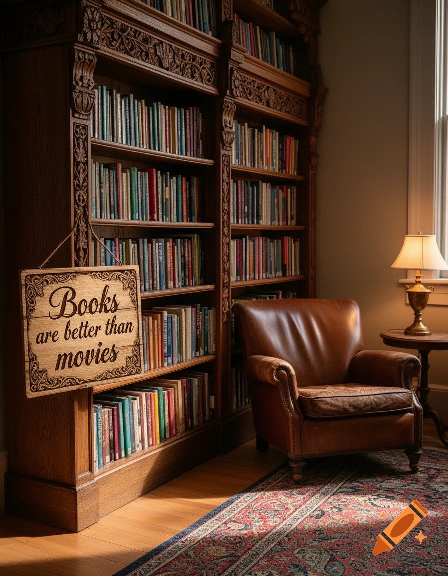A cozy reading nook with a leather armchair, a tall wooden bookshelf filled with books, a lamp, and a patterned rug. A wooden sign reads 'Books are better than movies'.