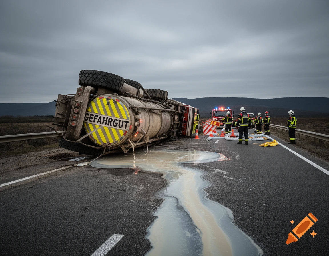 Overturned tanker truck spilling hazardous material on a road, with firefighters and emergency vehicles at the accident scene. Photorealistic.