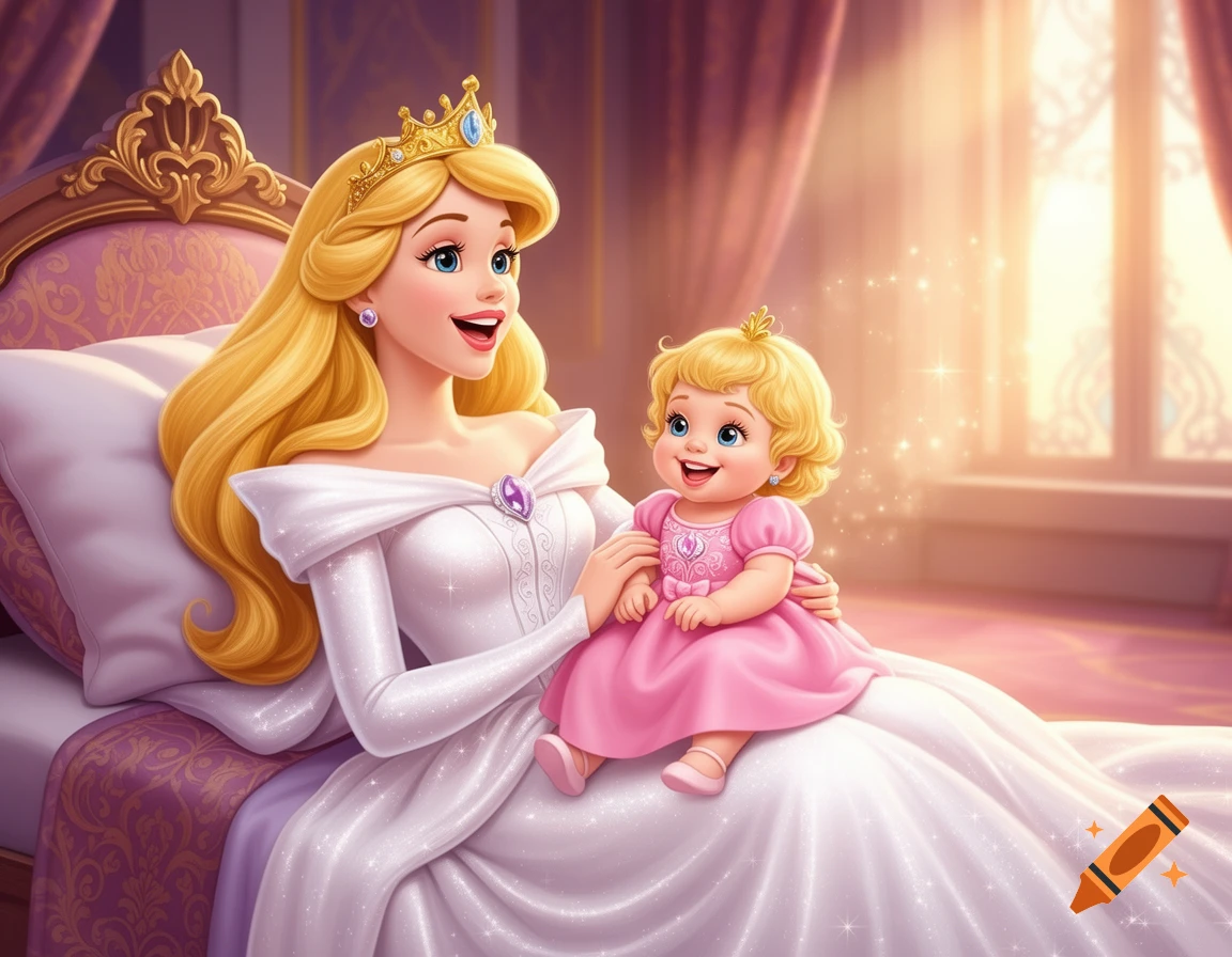 Cartoon illustration of a blonde princess in a white gown holding a baby princess in a pink dress on a bed in a sunlit castle room.