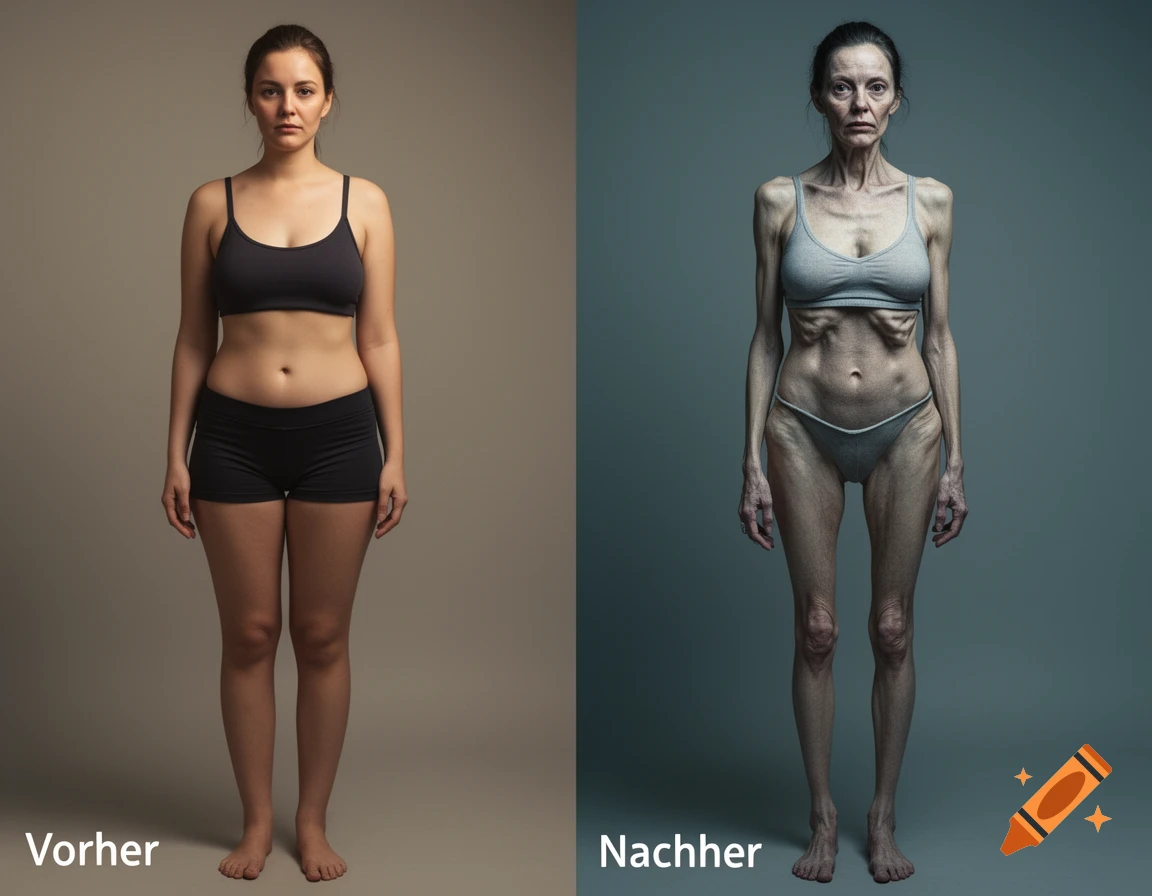 Split-screen image showing a healthy woman (before) and an emaciated woman (after) in a medical comparison style.