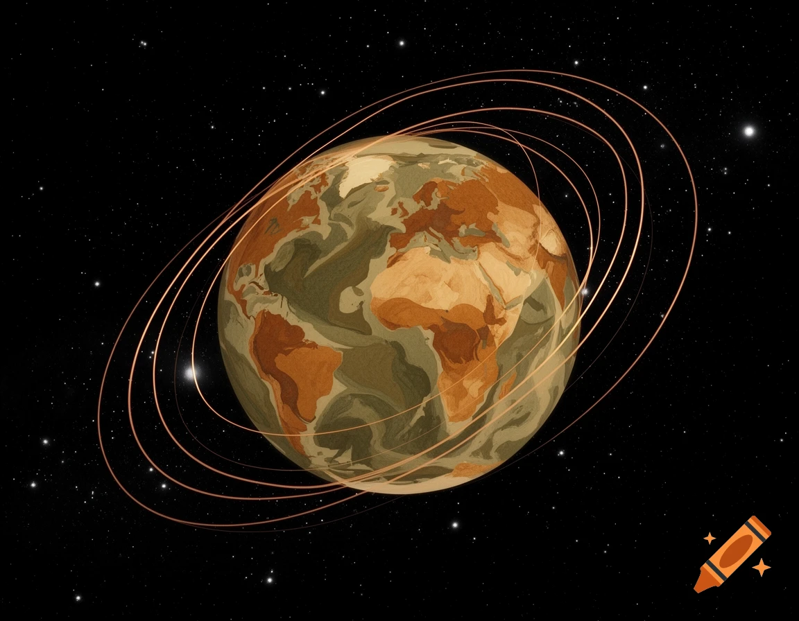 An abstract, stylized Earth in earth tones with concentric rings representing sound waves, set against a star-filled black space.