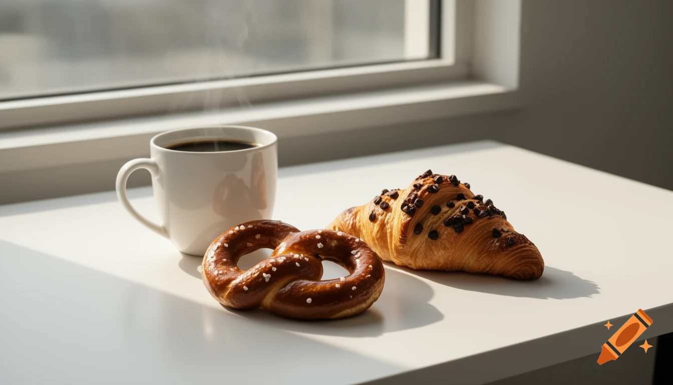 Photorealistic image of a steaming cup of black coffee, a pretzel, and a chocolate croissant on a white tabletop by a window.