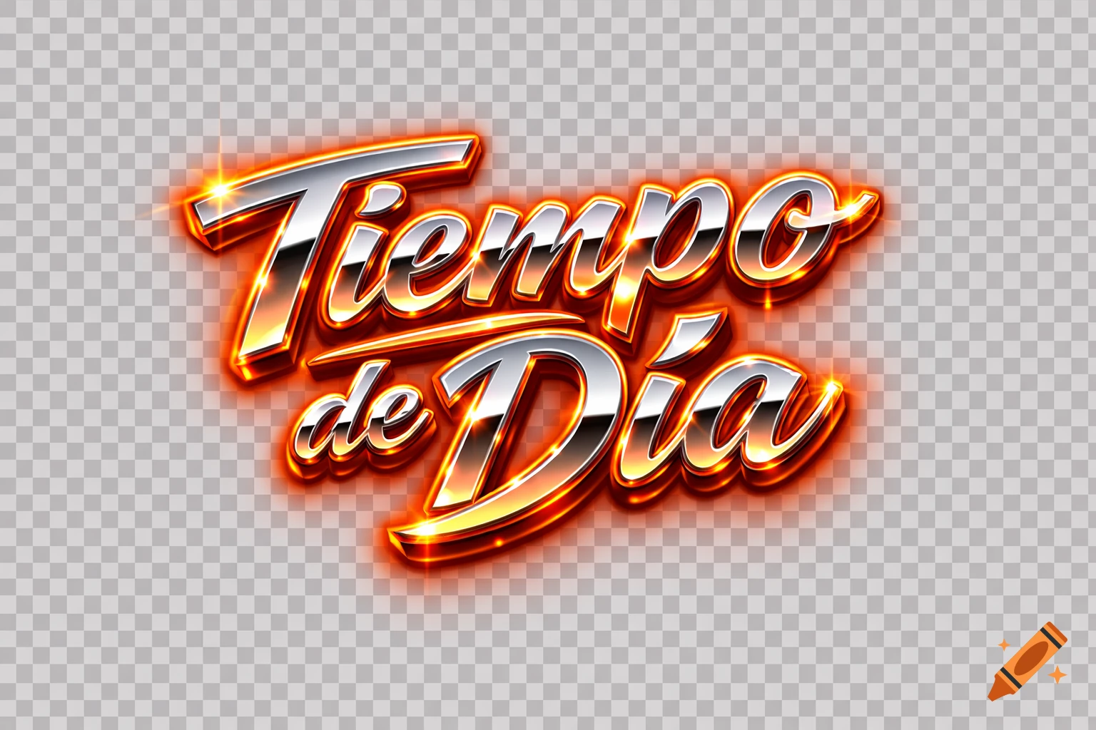 The words 'Tiempo de Día' rendered in a retro, 3D chrome font with a vibrant orange neon glow on a transparent background.