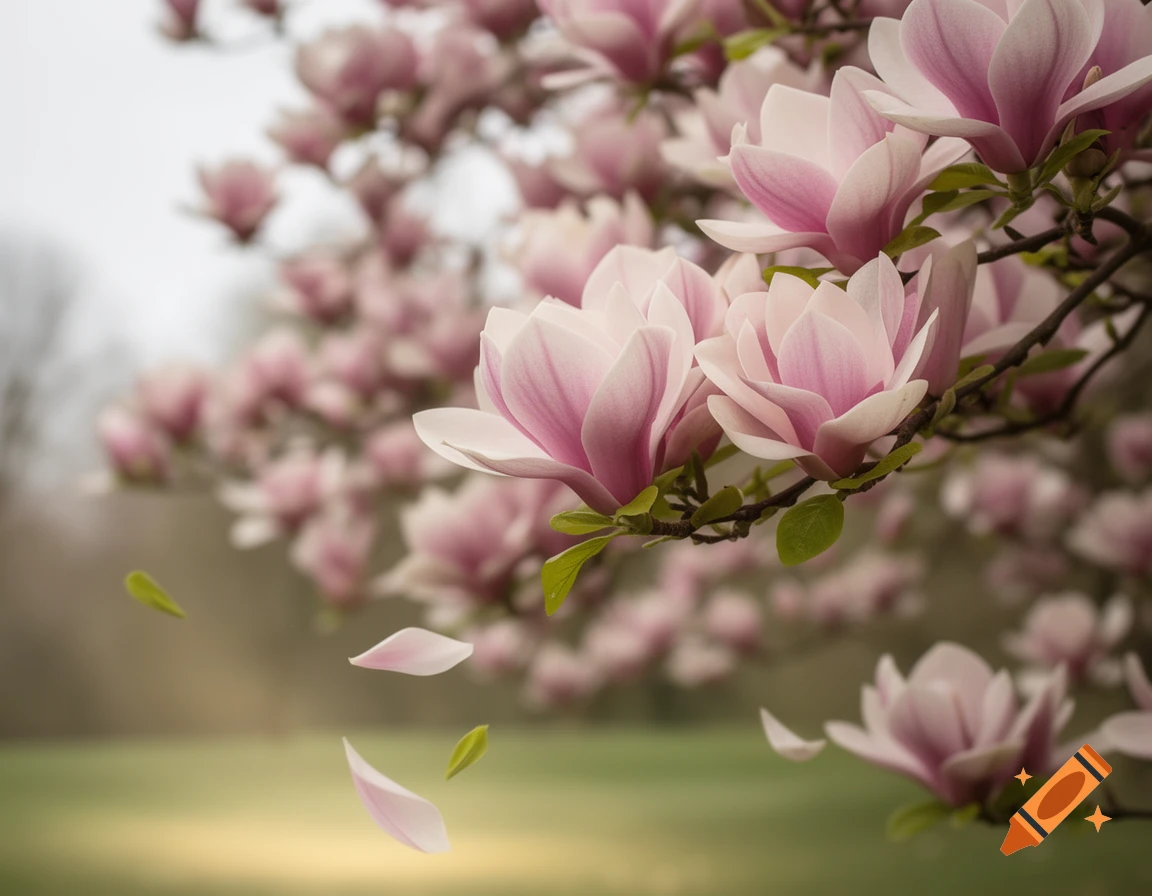 Close-up of pink and white magnolia blossoms on branches with falling petals against a soft, blurred natural background.