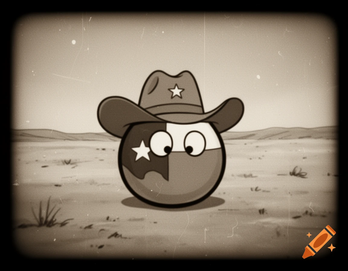 A sepia-toned countryball character, resembling the Texas flag and wearing a cowboy hat, stands in a desert with old film effect.