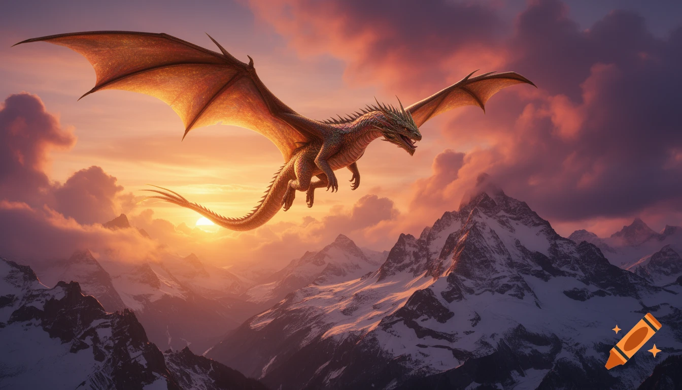A majestic dragon soars over snow-capped mountains at sunset under an ...