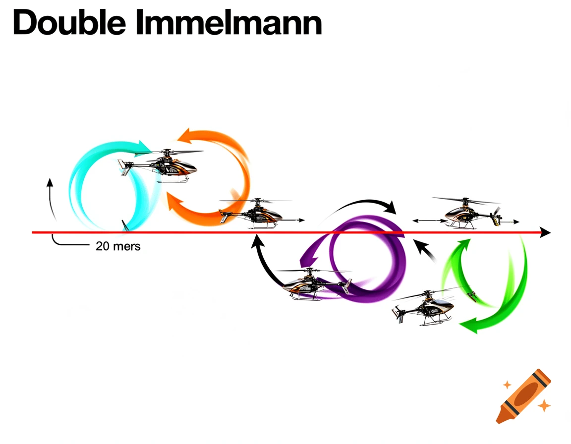 Diagram illustrating a 'Double Immelmann' RC helicopter maneuver with colored loops and a '20 mers' measurement.