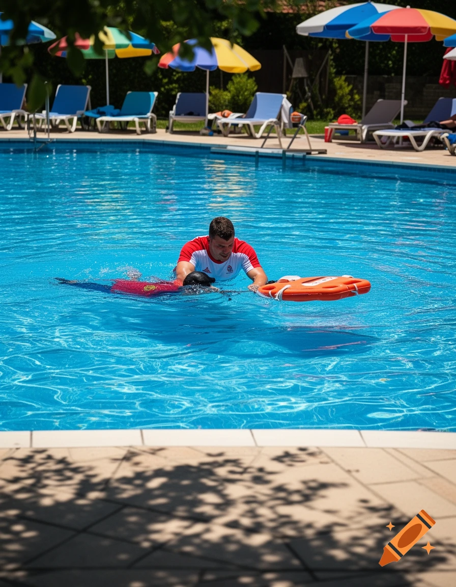 A lifeguard in a red and white shirt practices rescue in a bright blue swimming pool with an orange buoy, while colorful umbrellas dot the background.