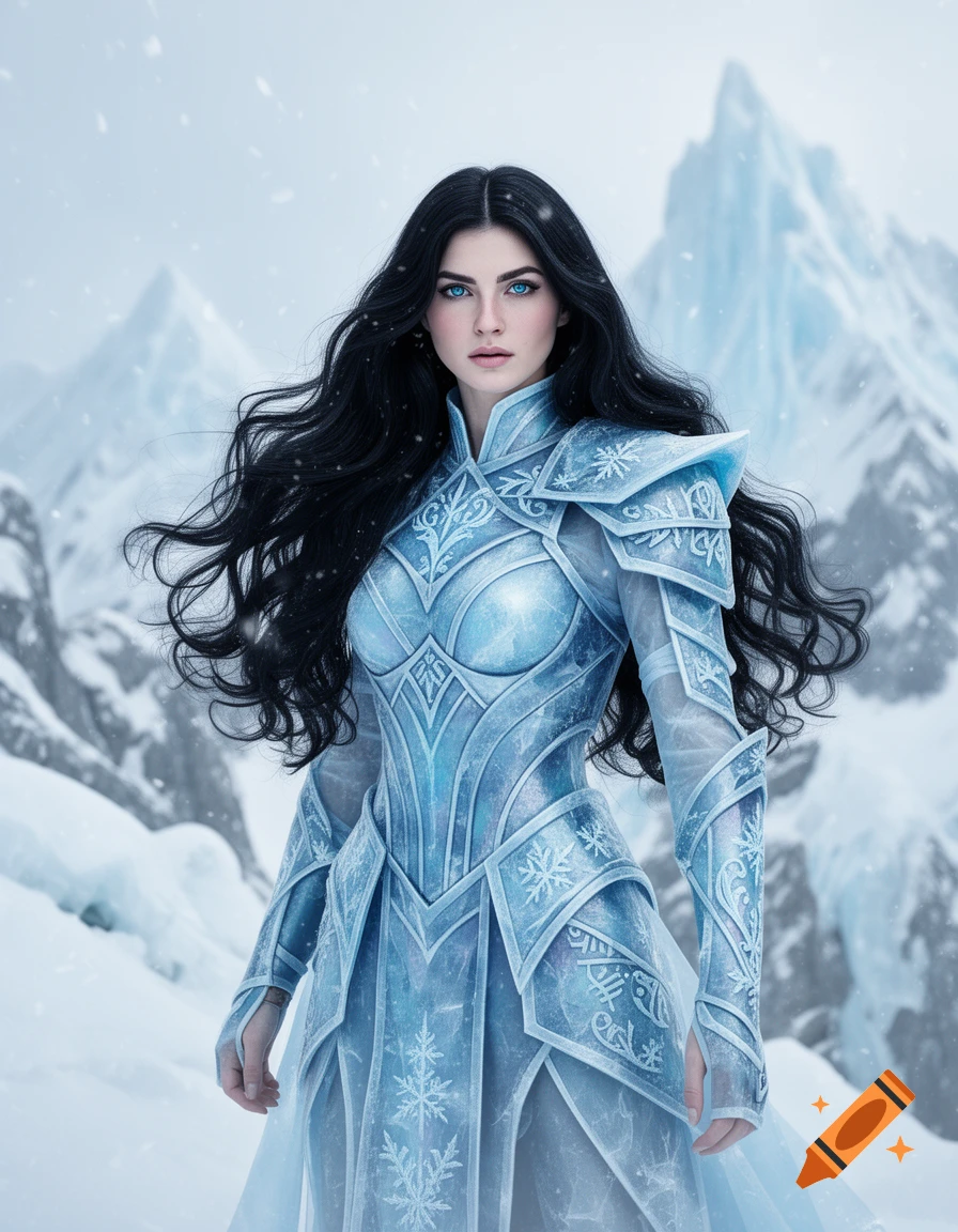A black-haired woman with blue eyes wears intricate icy blue armor in a snowy mountain landscape.