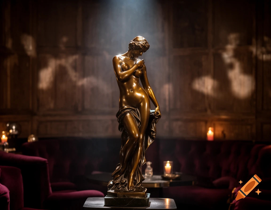 A bronze nude female statue stands bathed in a spotlight in a dimly lit, elegant room with velvet seating.