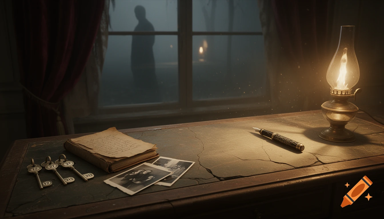 A dimly lit, vintage hotel desk with old keys, a guestbook, photos, a quill pen, and an oil lamp. A shadowy figure is outside a foggy window.